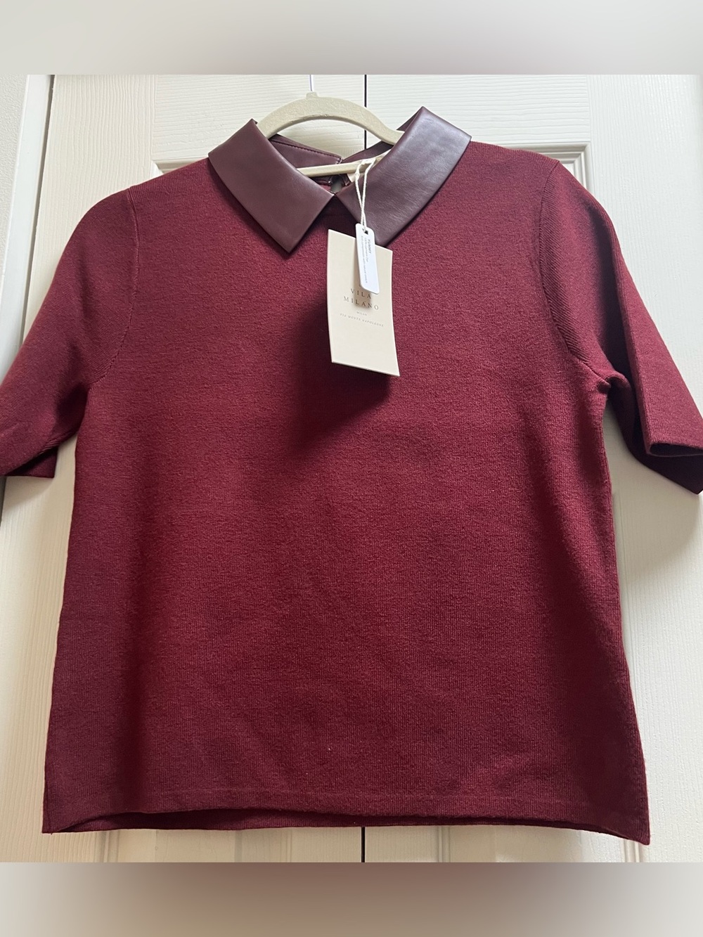 Burgundy Knit Shirt with Faux Leather Collar size  S